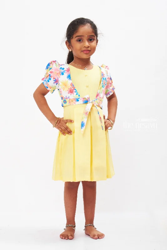 Sunny Delight Yellow Cotton Frock with Floral Jacket for Girls Knit Fabric Woven Fabric Fleece Fabric