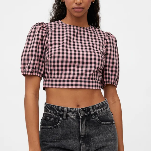 Gingham Print Crop Top - Pink Welt Pockets Slit Pockets Flap Pockets