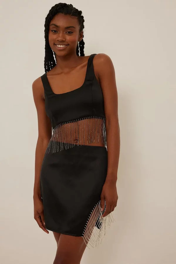 Fringed Mini Rhinestone Skirt Black denim skirt fashionable