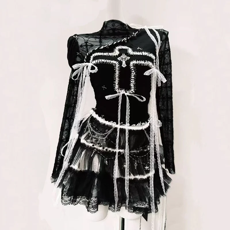 Long sleeve lace hem mesh cross pattern mini skirt set lace skirt elegant