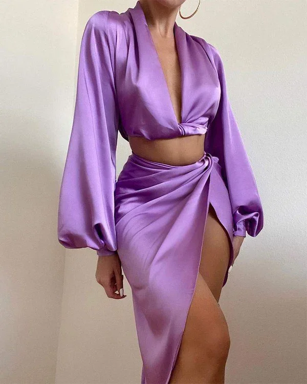 SOLID COLOR SATIN CROP TOP TWIST SKIRT SET,DS4552 Graphic Embroidered Appliqued