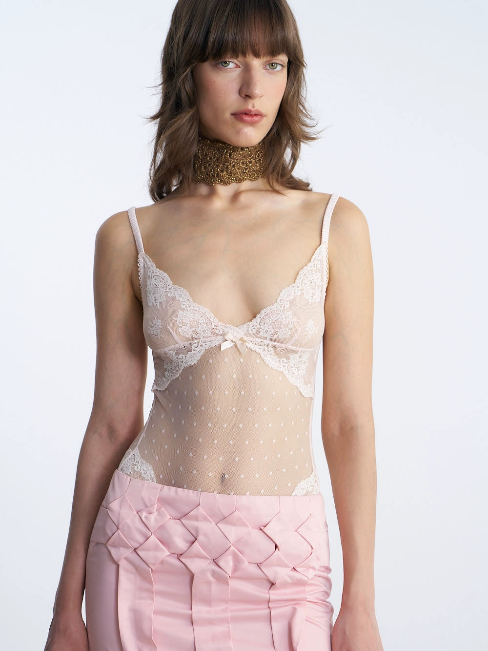 Nφdress X RoomSERVICE888 Pink Lace Bodysuit Fashionable Bodysuit with Pleats