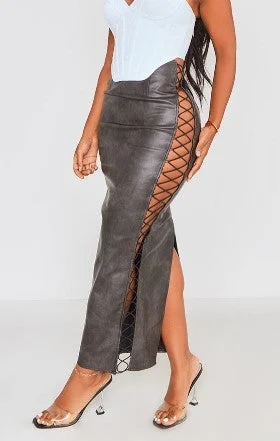 Shape Charcoal Washed Lace Up Side Maxi Skirt ruffled skirt detail