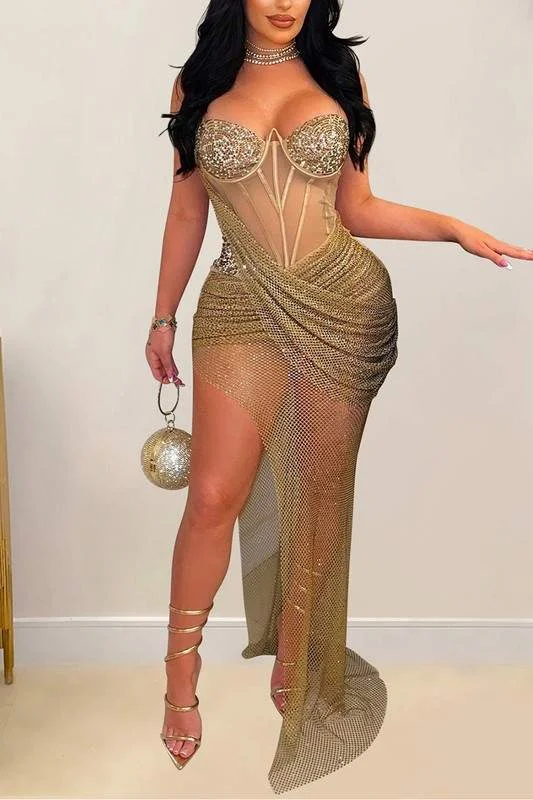RHINESTONES BODYSUIT MESH DRESS Trendy High-Leg Bodysuit