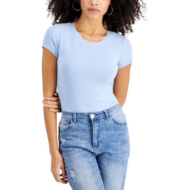 SELF ESTEEM - Rib Knit Lace Trim Bodysuit Trendy Mesh Bodysuit