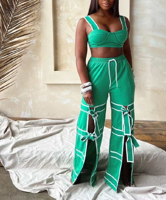 28274P - STRAP SHOULDER CROP TOP & PANTS SET Asymmetrical Pockets Print