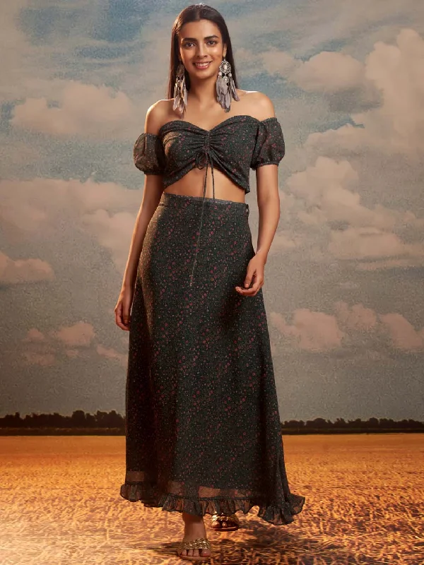 Dark Green Floral Print Weightless Georgette Straight Crop Top With Skirt Silk Blend Satin Velvet