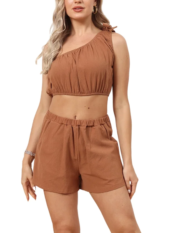 Two Piece One Shoulder Crop Top & Shorts Lace Blend Ribbed Blend Corduroy Blend