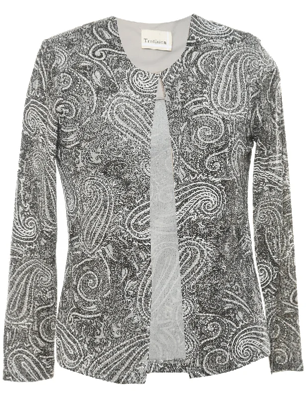 Paisley Pattern Black & Silver Sparkly Evening Jacket - M One-Shoulder Jacket Off-the-Shoulder Jacket Asymmetrical Jacket