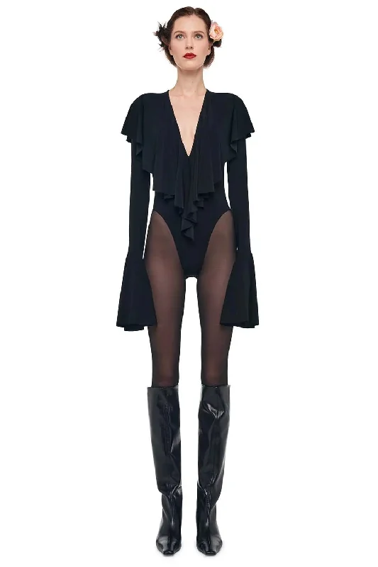 LONG SLEEVE DEEP V RUFFLE BODYSUIT Comfortable Bodysuit with Long Sleeves