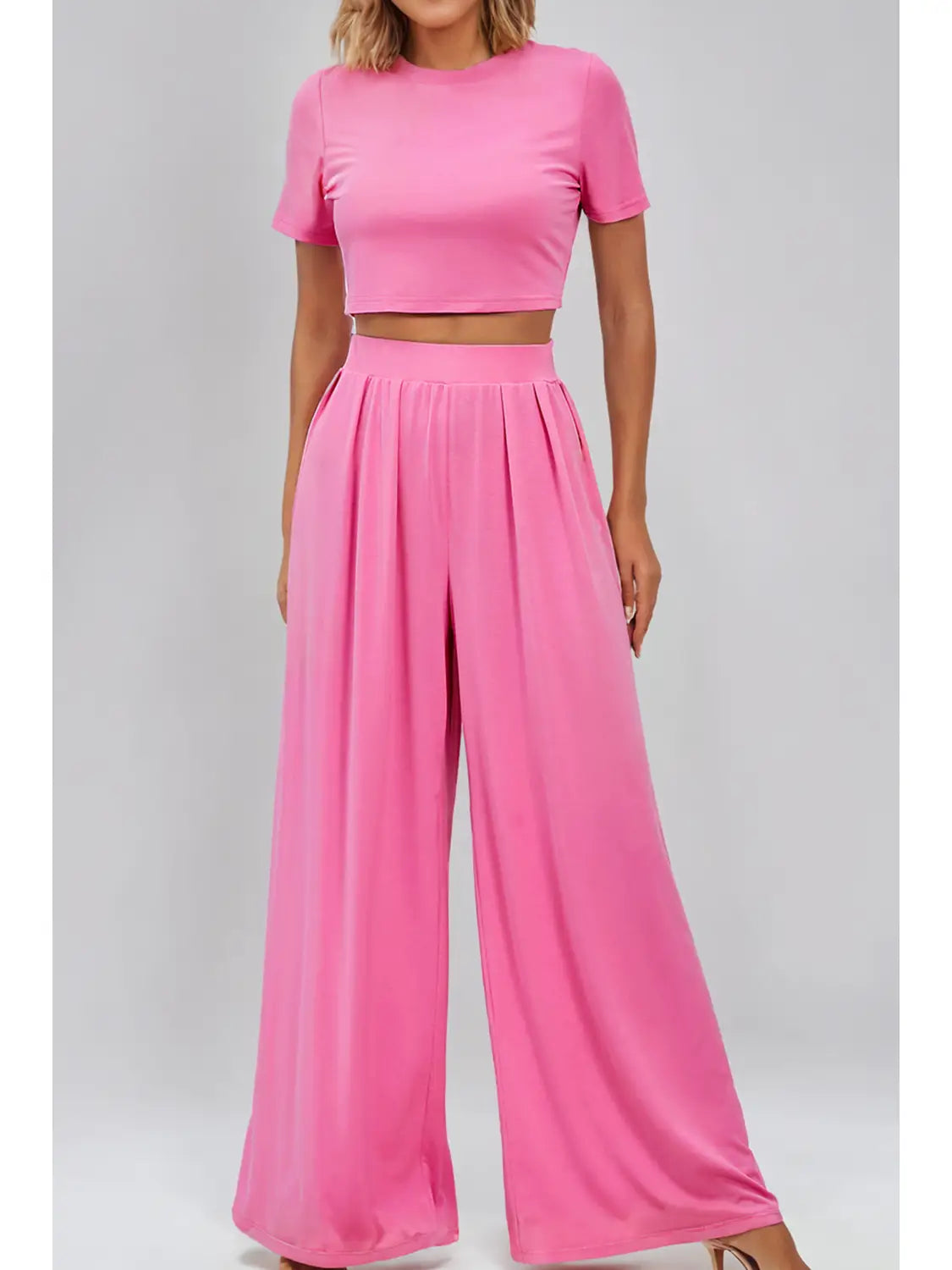 PINK CROP TOP AND PLEATED PANT SET Rayon Velvet Corduroy