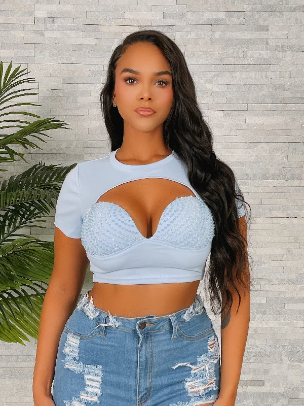 MM23160P-Rhinestone Crop Top Front Pockets Side Pockets Patch Pockets