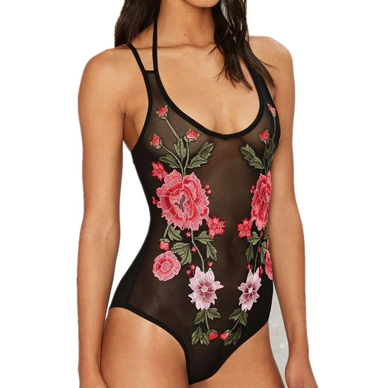 Embroidered Bodysuit Lingerie Elegant Bodysuit with Pleated Detail