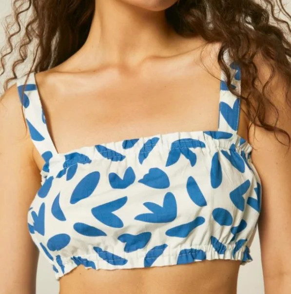 Petal Print Strappy Crop Top - White/Blue Front Pockets Side Pockets Patch Pockets