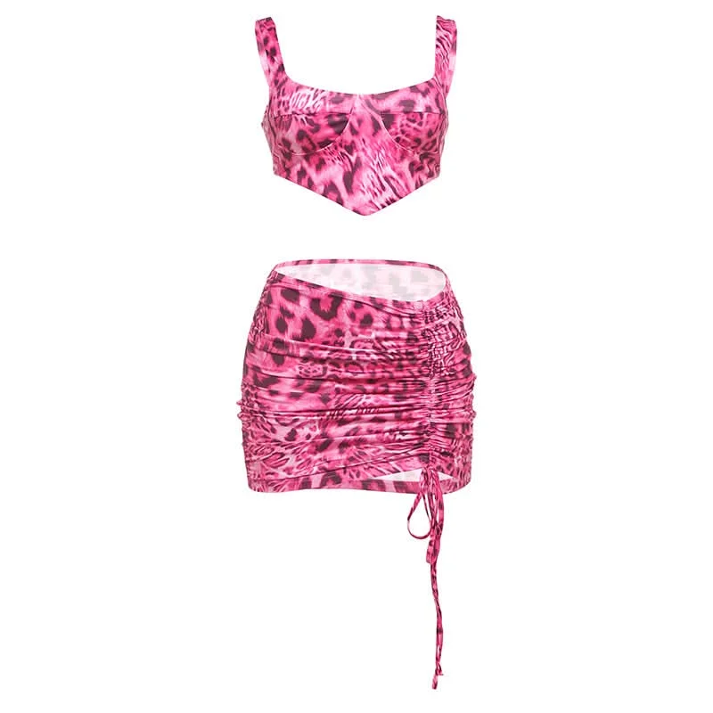 Leopard print drawstring ruched cami mini skirt set linen skirt natural