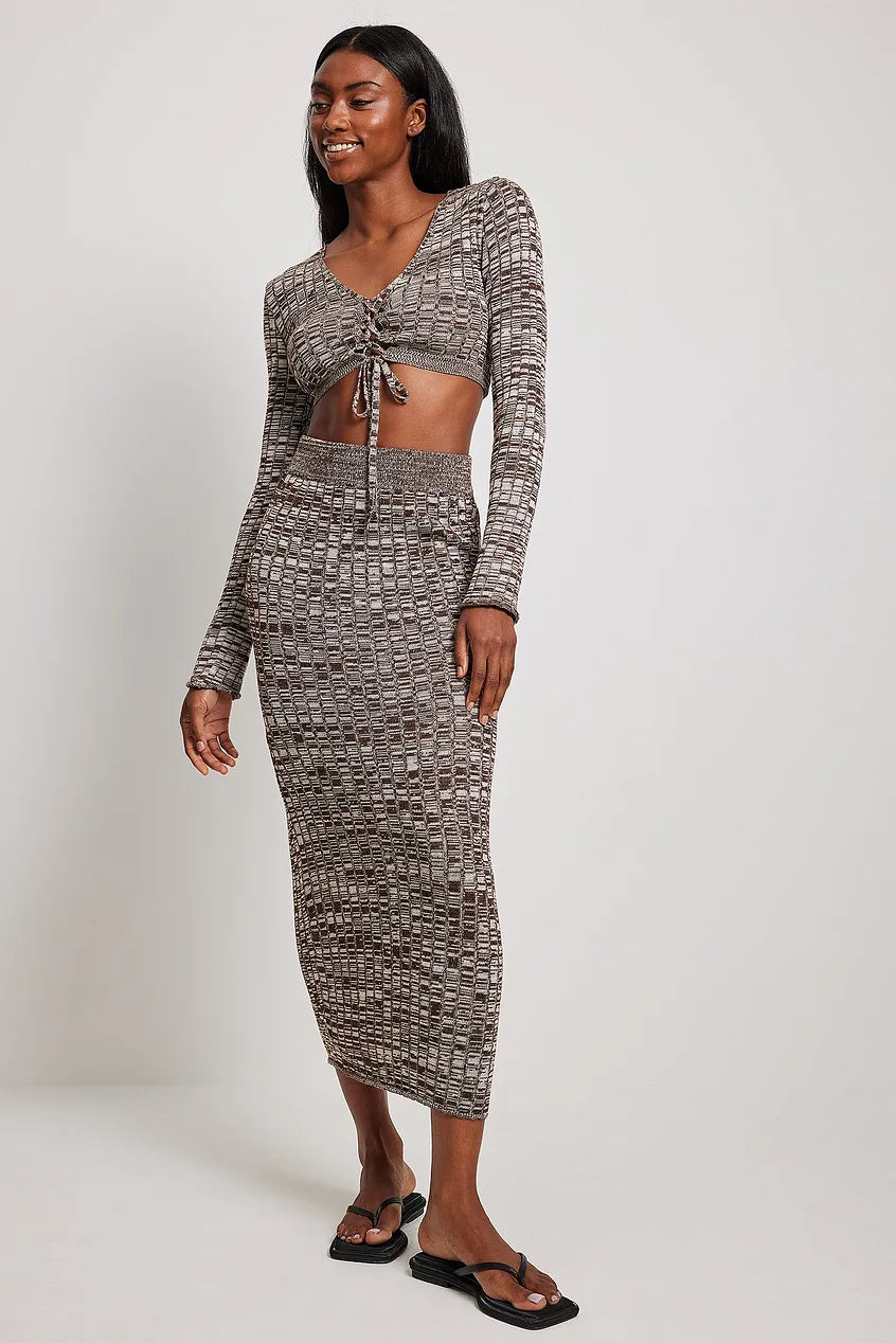 High Waist Knitted Maxi Skirt & Knitted Long Sleeved Lacing Top SET cashmere skirt soft
