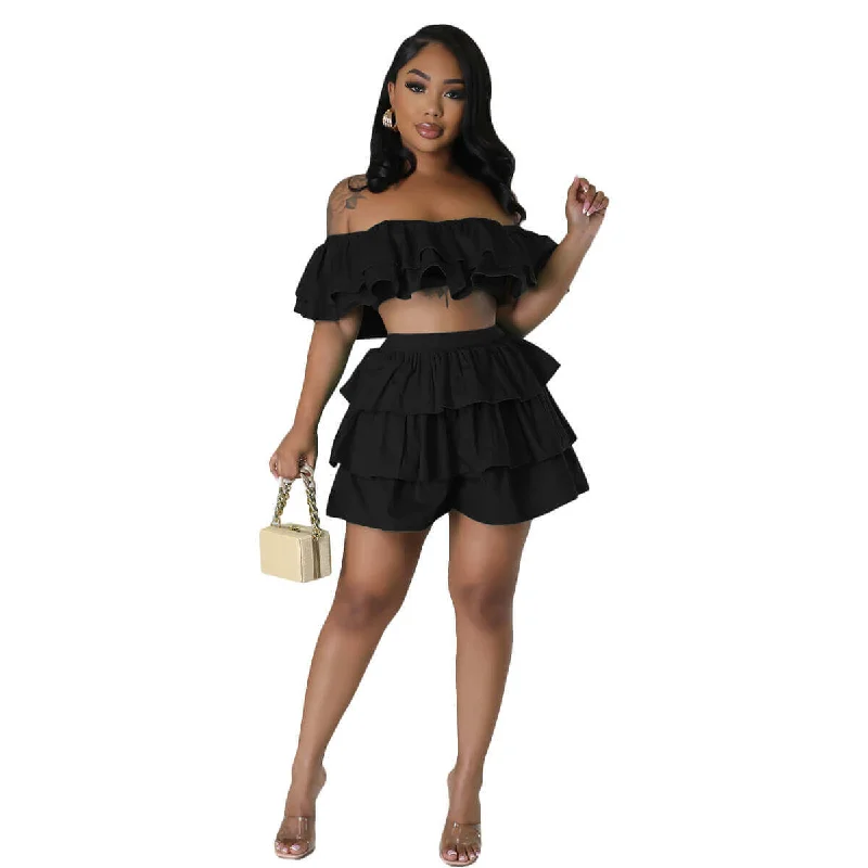 Two Piece Ruffle Crop Top Short Skirt Set Modern Contemporary Chic
