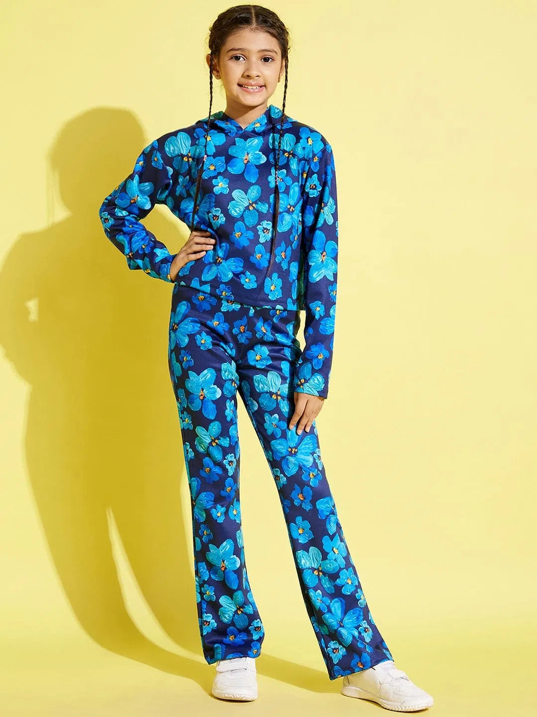 Girls Navy Floral Scuba Crop Top With Pants Satin Fabric Silk Fabric Chiffon Fabric