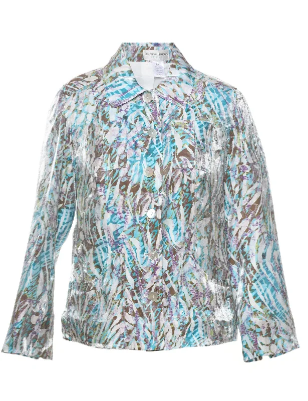 Abstract Design Light Brown & Light Blue Jacket - M Zippered Front Buttoned Front Snap Front
