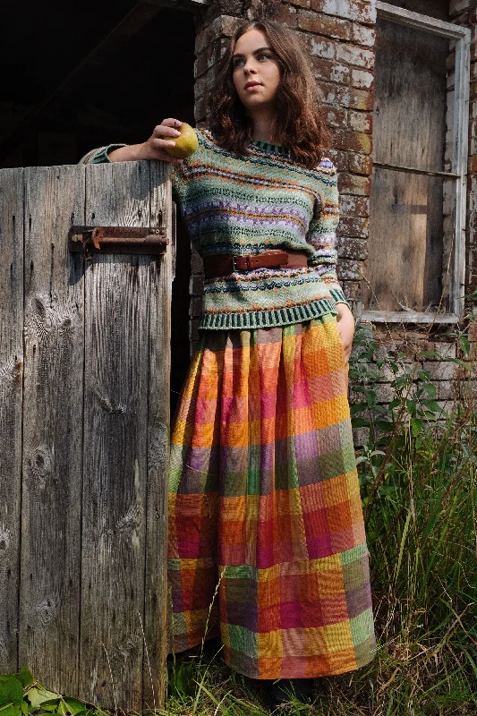 Bobbie Skirt in Rainbow Irish Linen Check midi skirt versatile
