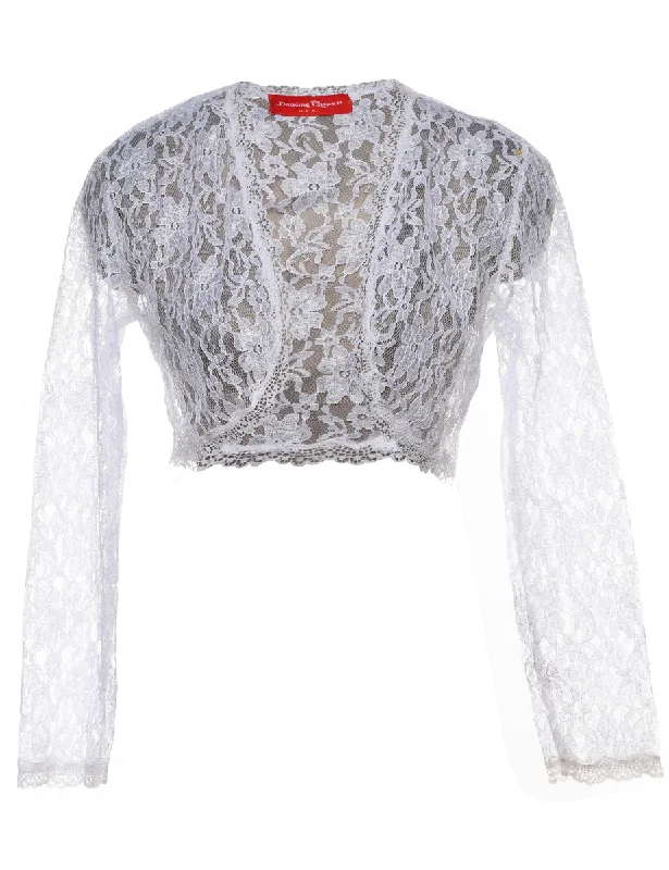 Cropped White Lace Evening Jacket - M Boat Neck Shawl Collar Notched Collar