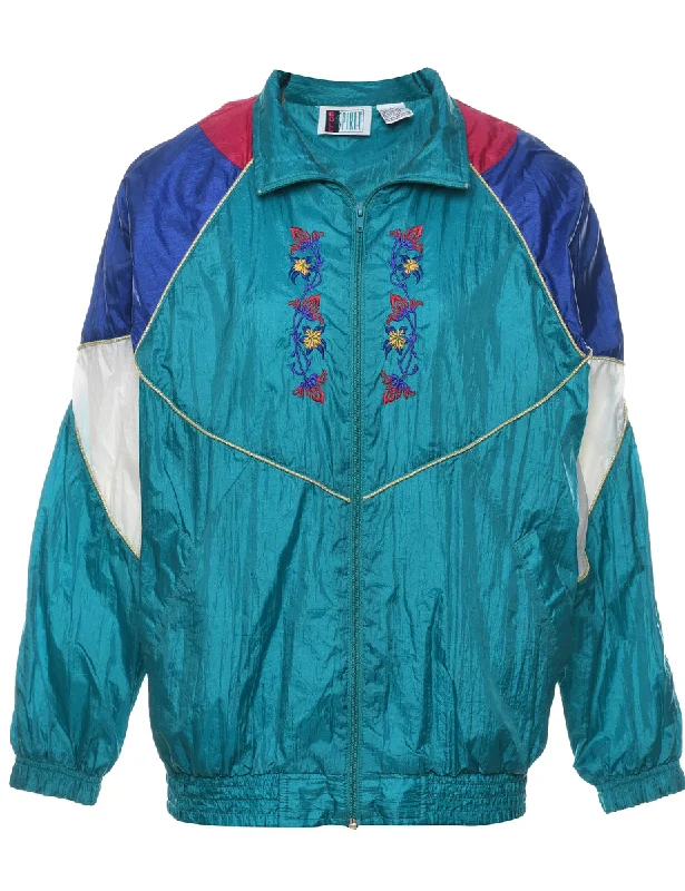 Embroidered Floral 1990s Nylon Jacket - M Tailored Jacket Straight Jacket A-Line Jacket