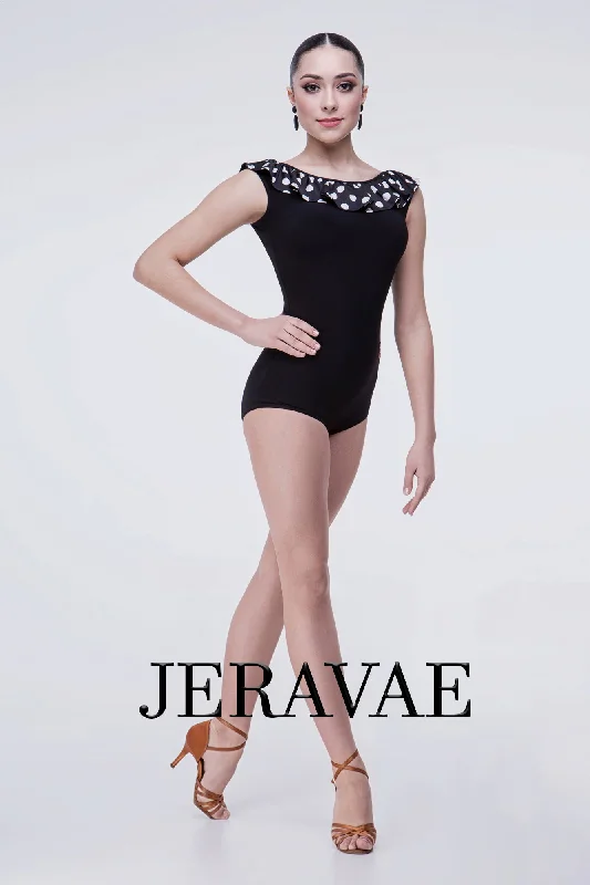 Charming Polka Dot Latin Practice Top Bodysuit with Small Ruffle PRA 497 Stylish Backless Bodysuit