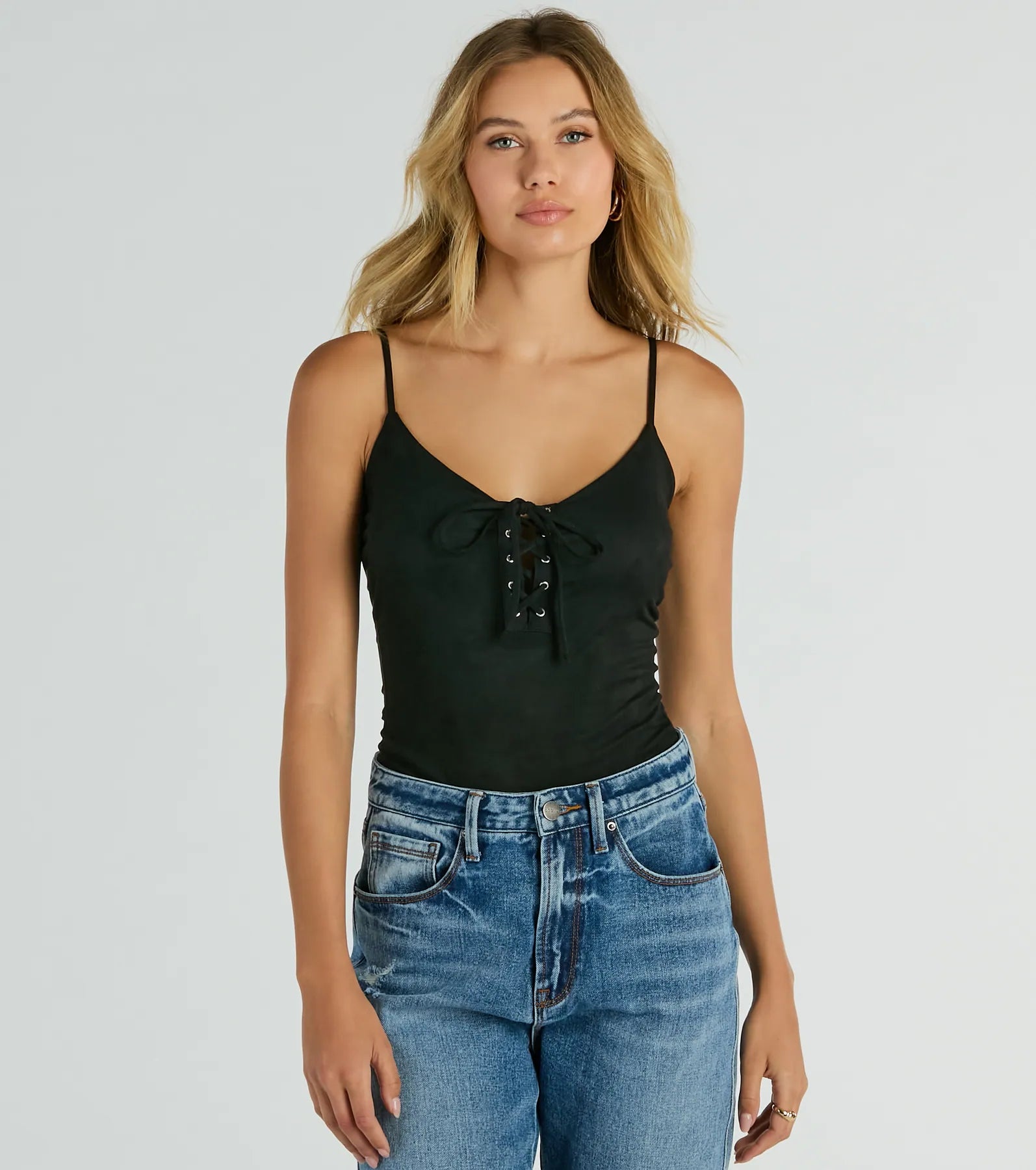 Lace Me Up Sleeveless Faux Suede Bodysuit Comfortable Mesh Insert Bodysuit