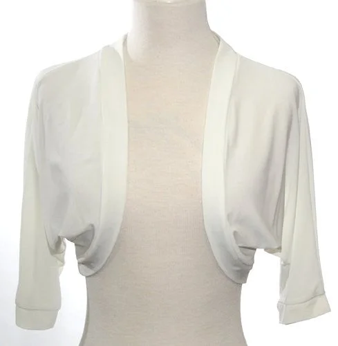 White Bolero Jacket Stretch Georgette Bolero Shrug Mid Length Notch Collar Peter Pan Collar Cowl Neck