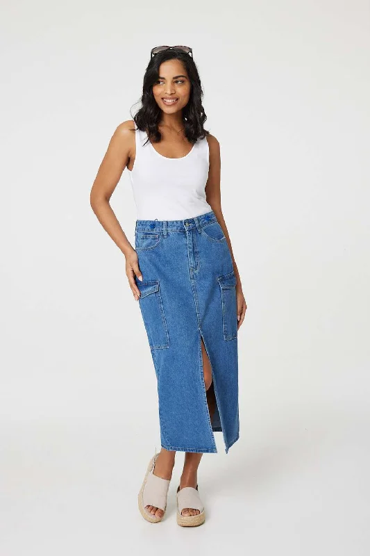 Denim High Waist Split Midi Skirt lace skirt feminine
