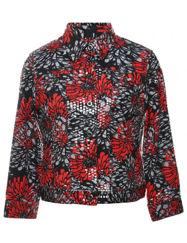 Floral Pattern Grey, Red & White Sparkly Jacket - M Wool Jacket Cashmere Jacket Tweed Jacket