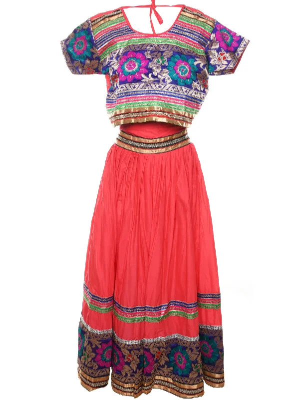 Metallic & Sparkly Patterned Traditional Style Skirt & Top Set - L modal blend skirt