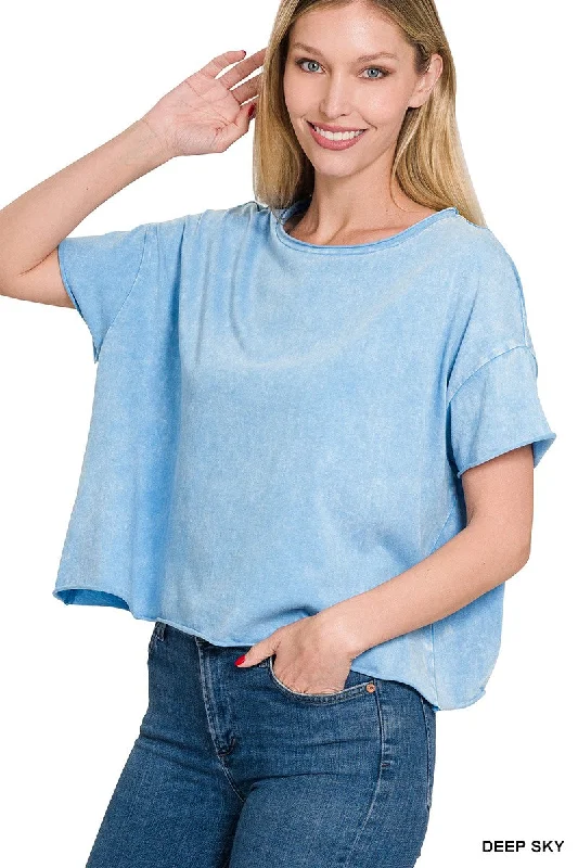 ACID WASH RAW EDGE SHORT SLEEVE CROP TOP in DEEP SKY Print Jacquard Patchwork