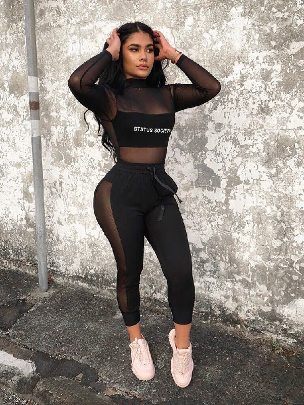 2 Piece Outfits Mesh Crop Top+Pants Suits Mesh Canvas Denim