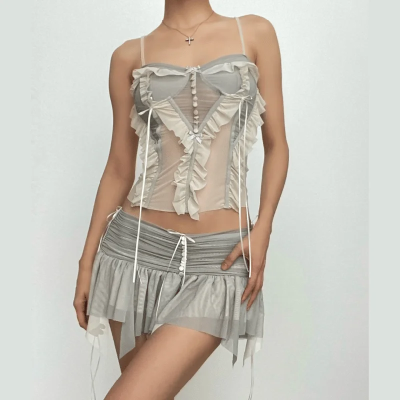 Mesh patchwork ruffle button contrast backless cami ruched skirt set chiffon skirt airy