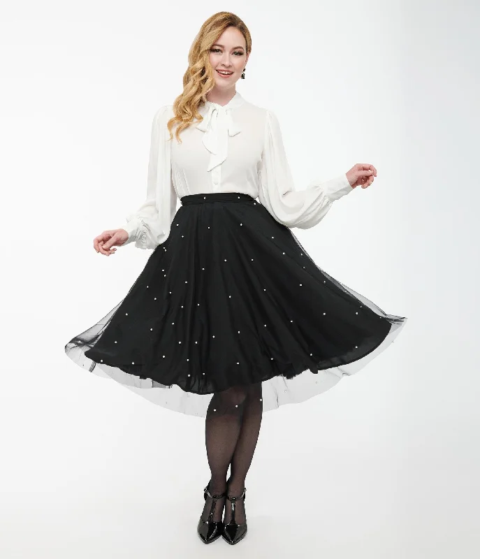 Magnolia Place Black & Faux Pearl Sally Swing Skirt zip skirt side