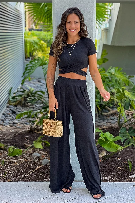 Black Criss Cross Crop Top And Pants Set Terry Blend Velvet Blend Canvas Blend