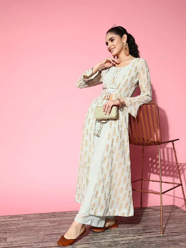 Printed Top With Palazzos & With Jacket Ribbed Jacket Pleated Jacket Ruffled Jacket