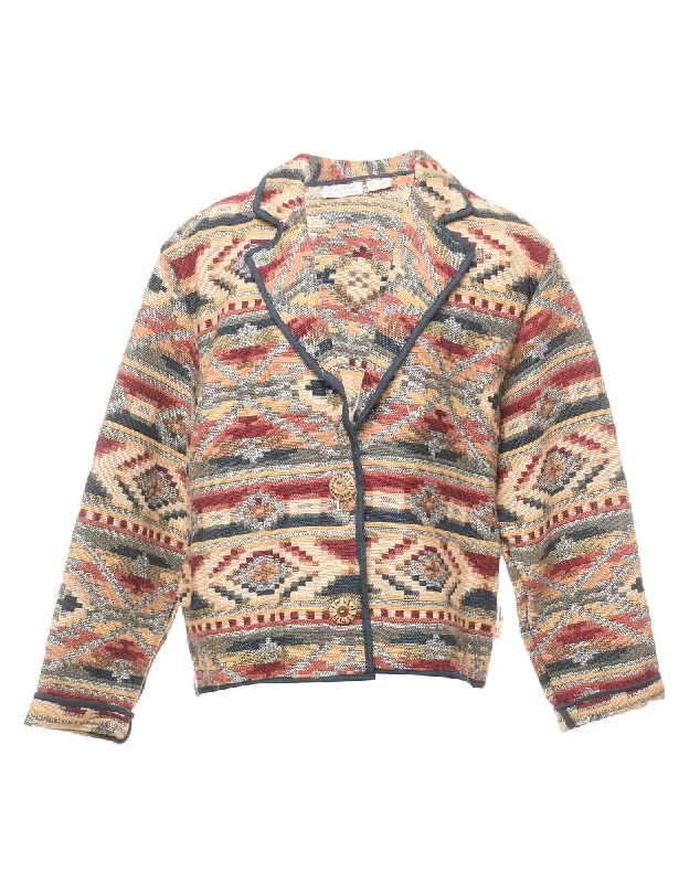 Aztec Print Multi-Colour Tapestry Jacket - L Notch Collar Peter Pan Collar Cowl Neck