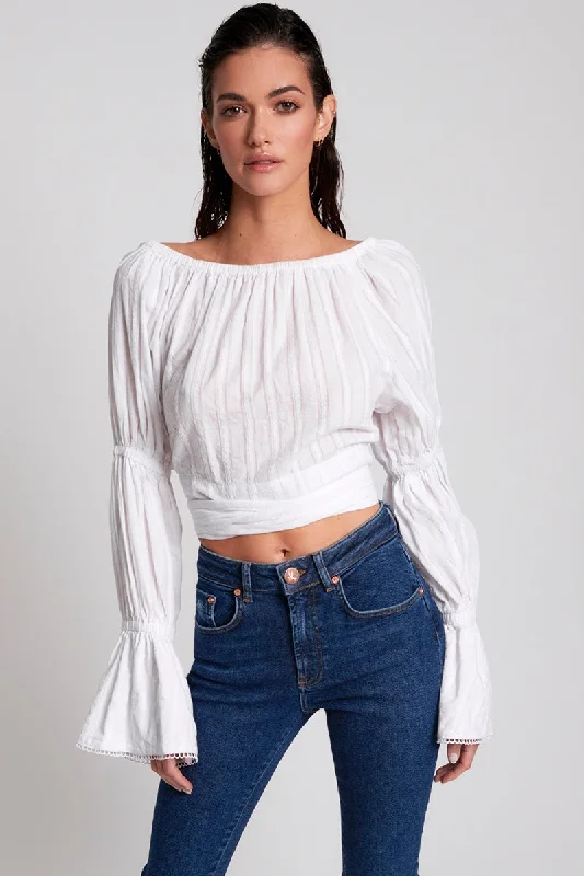 OneTeaspoon WOMENS SUMMER NIGHTS  LONG SLEEVE CROP TOP - WHITE Welt Pockets Slit Pockets Flap Pockets