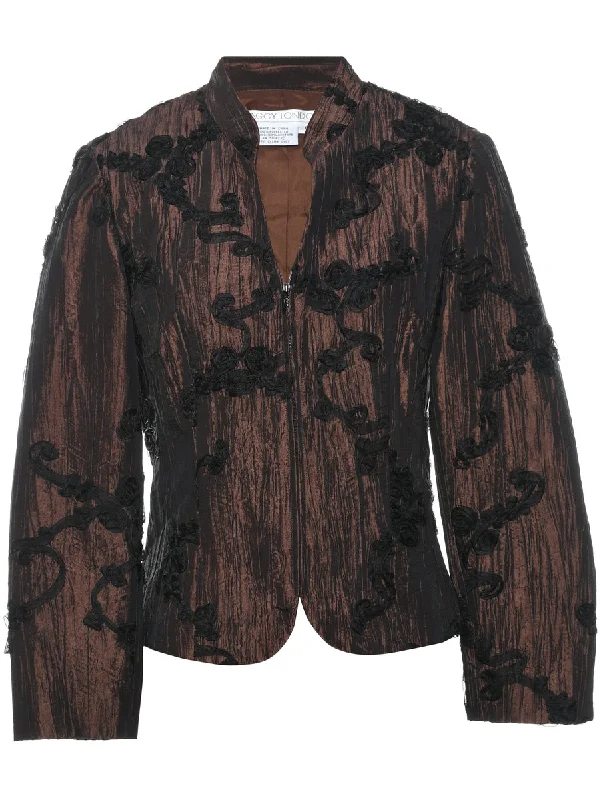 Dark Brown Metallic Ruched Evening Jacket - M Insulated Jacket Fitted Jacket Loose Jacket