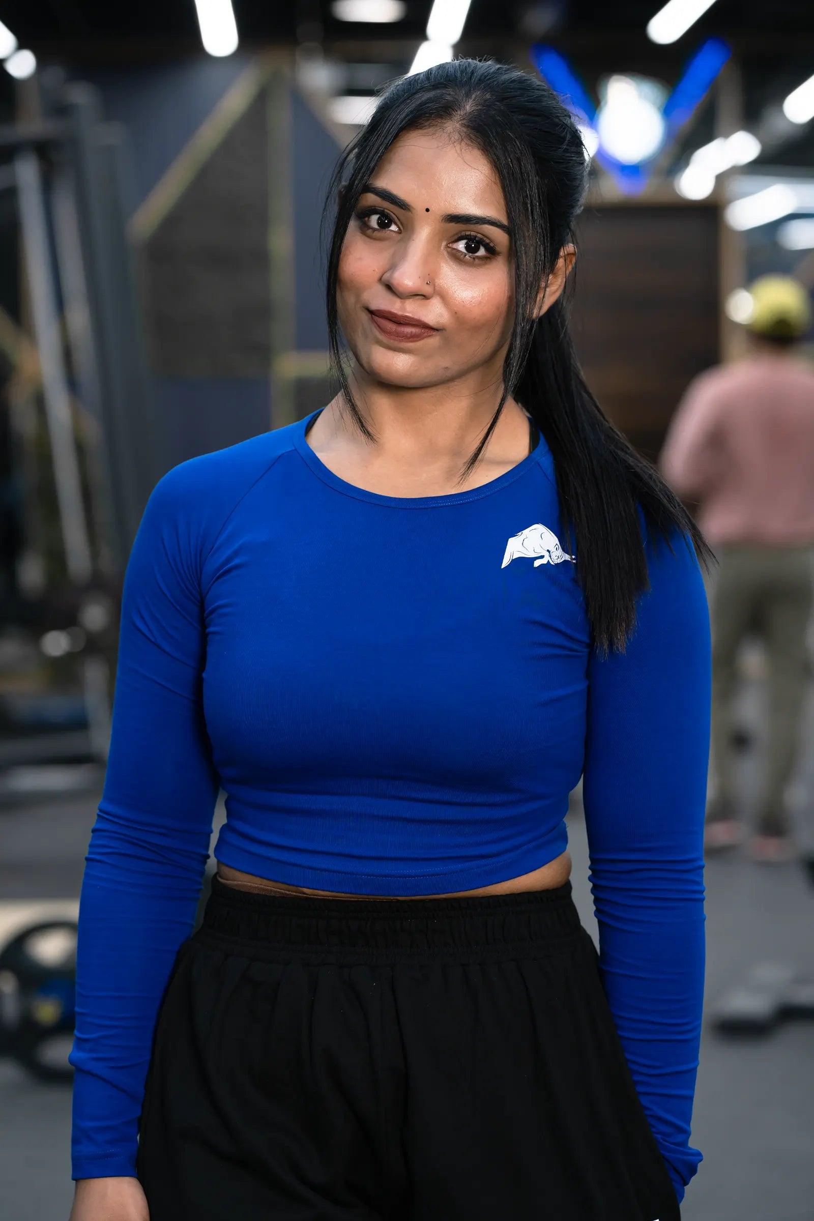 WILD VERVE LIFTING LONG SLEEVE CROP TOP (ROYAL BLUE) Collared Crew Neck Turtle Neck
