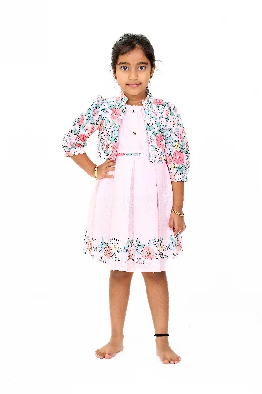 Stylish Two-Piece Girls Dress and Jacket with Floral Embroidery Zippered Front Buttoned Front Snap Front