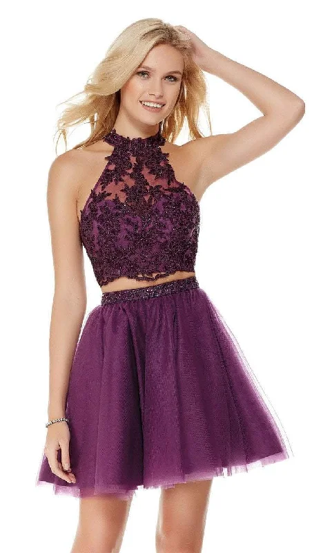 Alyce Paris - Two Piece Crop Top Lace Tulle A-Line Short Dress 3803SC Print Jacquard Patchwork