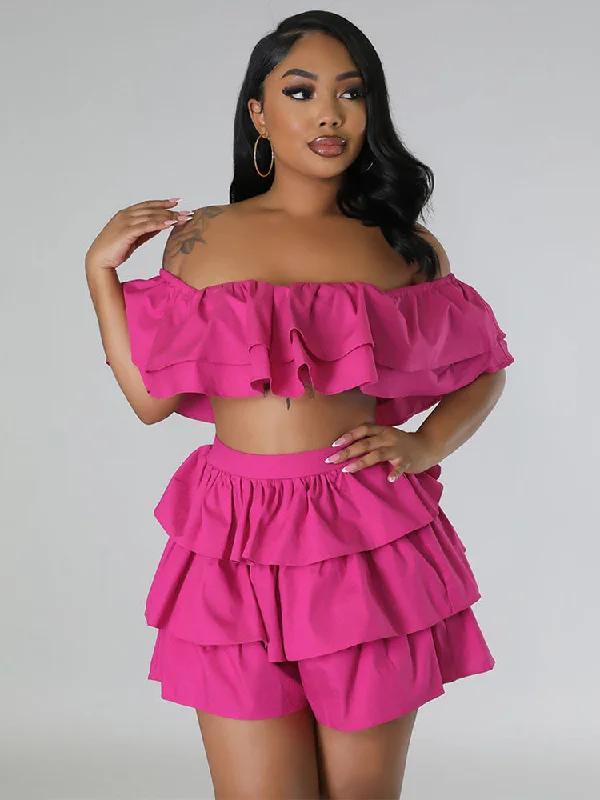 Ruffled Edge Bandeau Crop Top Shorts Set Welt Pockets Slit Pockets Flap Pockets