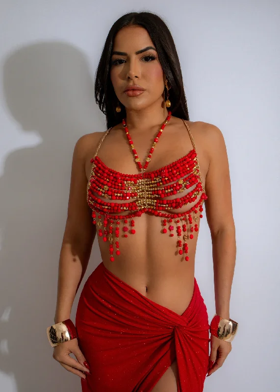 Delicate Like A Flower Beaded Crop Top Red Elegant Classic Vintage