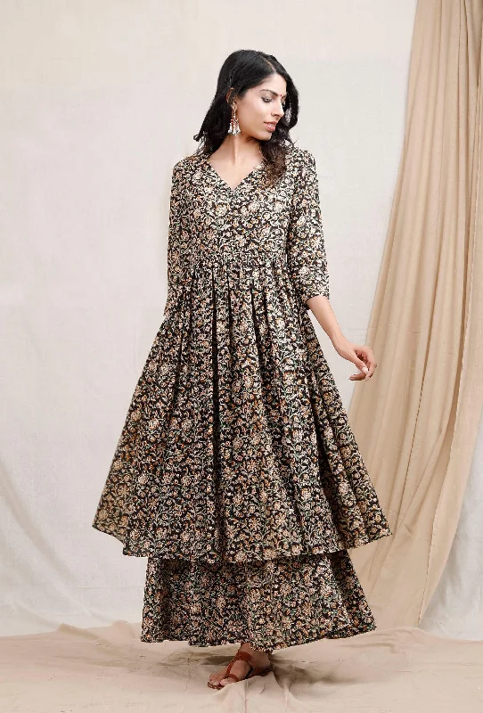Set of 2: Black Kalamkari Printed Kurta and Skirt wool skirt warm