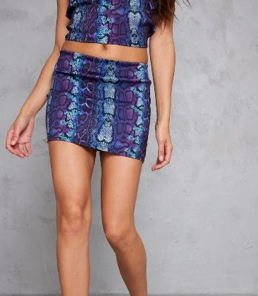 PURPLE SNAKE PRINT STRETCH WOVEN MICRO MINI SKIRT cashmere skirt rich