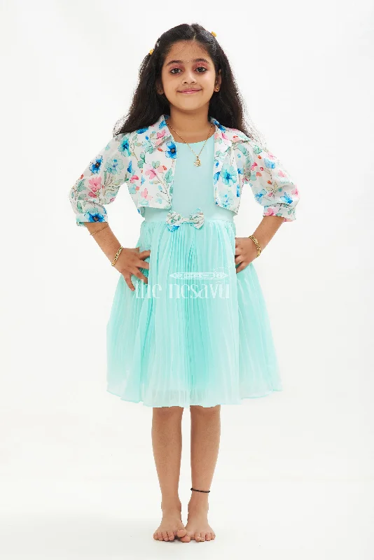 Girls Blue Layered Fancy Frock with Floral Jacket and Ruffled Hemline Denim Jacket Leather Jacket Suede Jacket