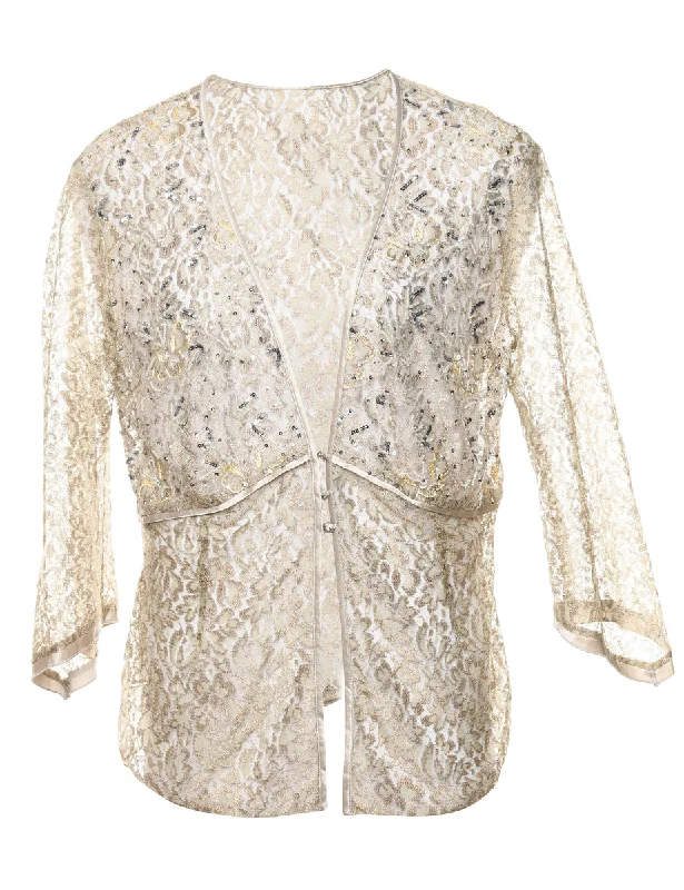 Floral Pattern Lace Sequined Jacket - L Satin Fabric Silk Fabric Chiffon Fabric